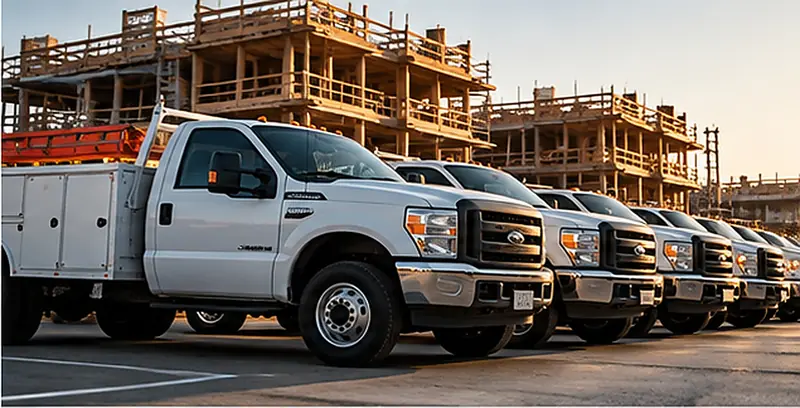White contractor work trucks parked at a construction site